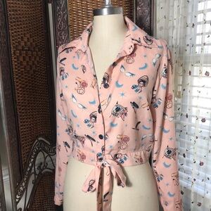 Cropped Pink Printed Tie-Waist Button-Up Blouse